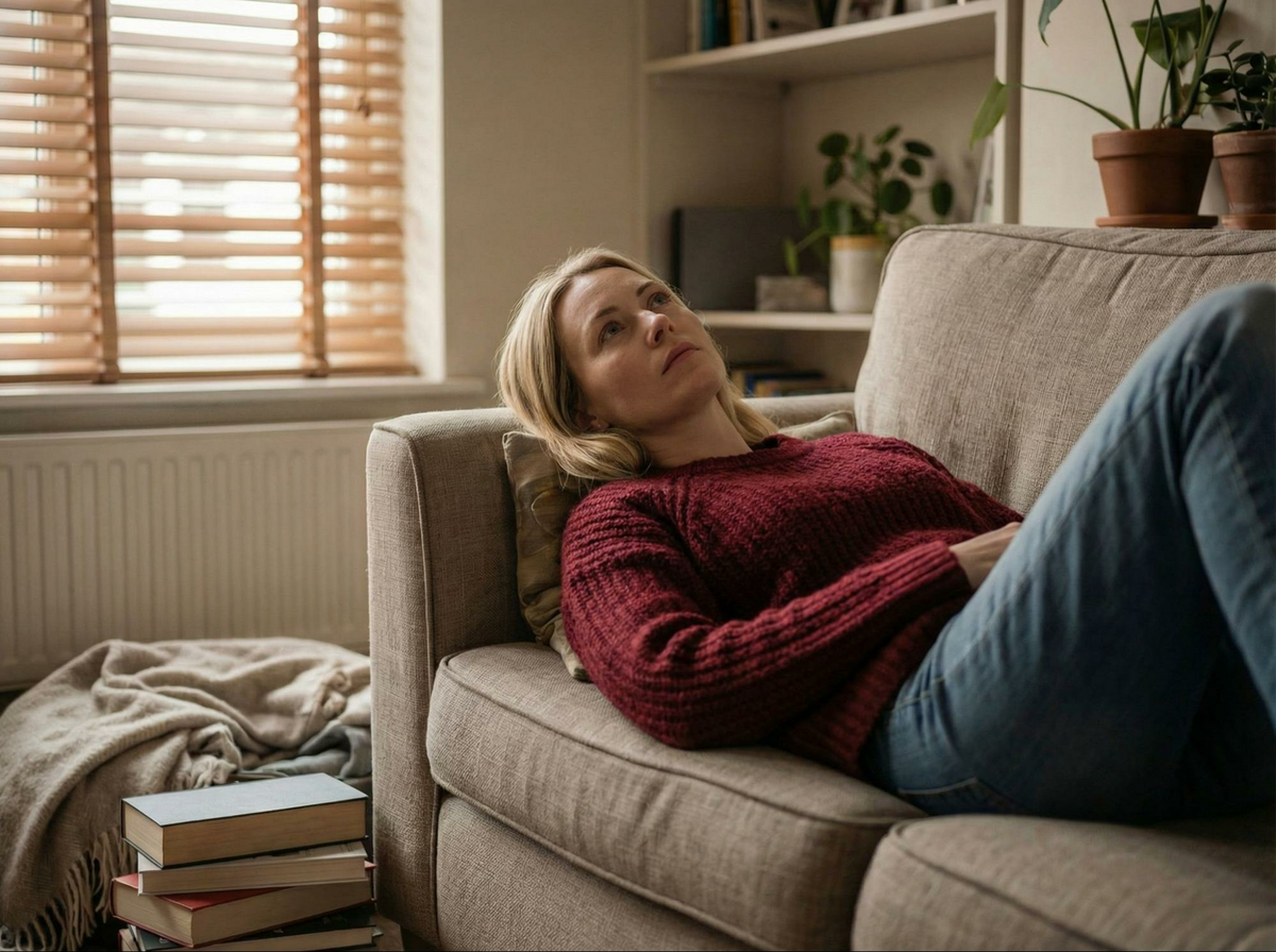 This is a photo of a woman in her late 30s lying on a sofa in the middle of the day, fully clothed, staring at the ceiling. She is not asleep—her eyes are open, expression blank and depleted. The room around her is lived-in but not dramatized.