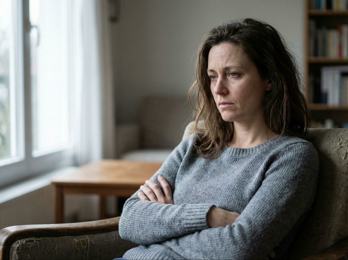 This is an image of a sad and overwhelmed woman, staring blindly across a room.
