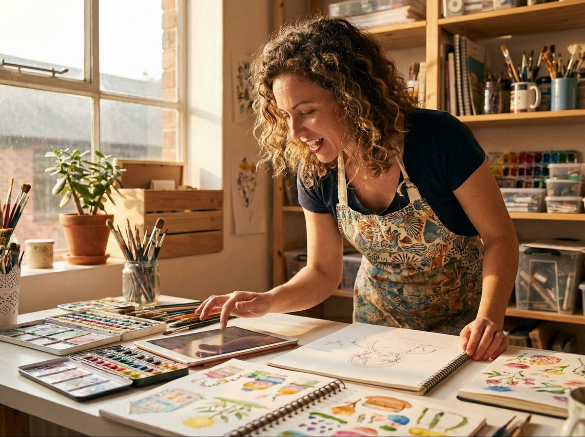 This is an image of a woman in her late 30s or early 40s, fully engaged in creative or professional work.