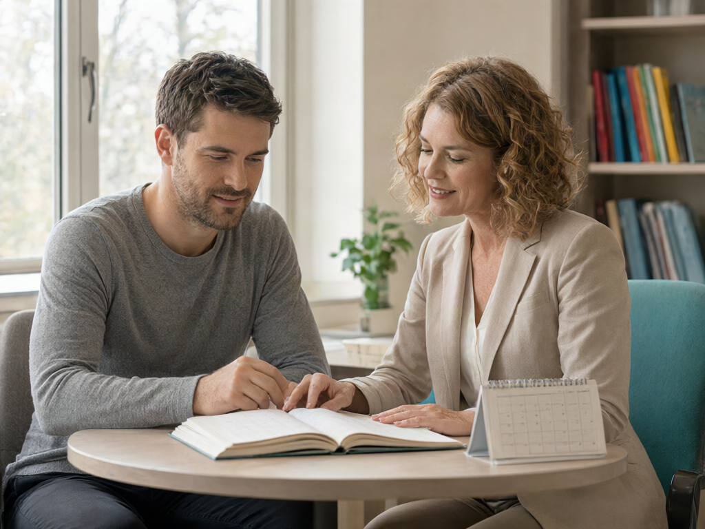 A parent and a school counselor sit side by side at a small table in a bright school office, reviewing notes together.